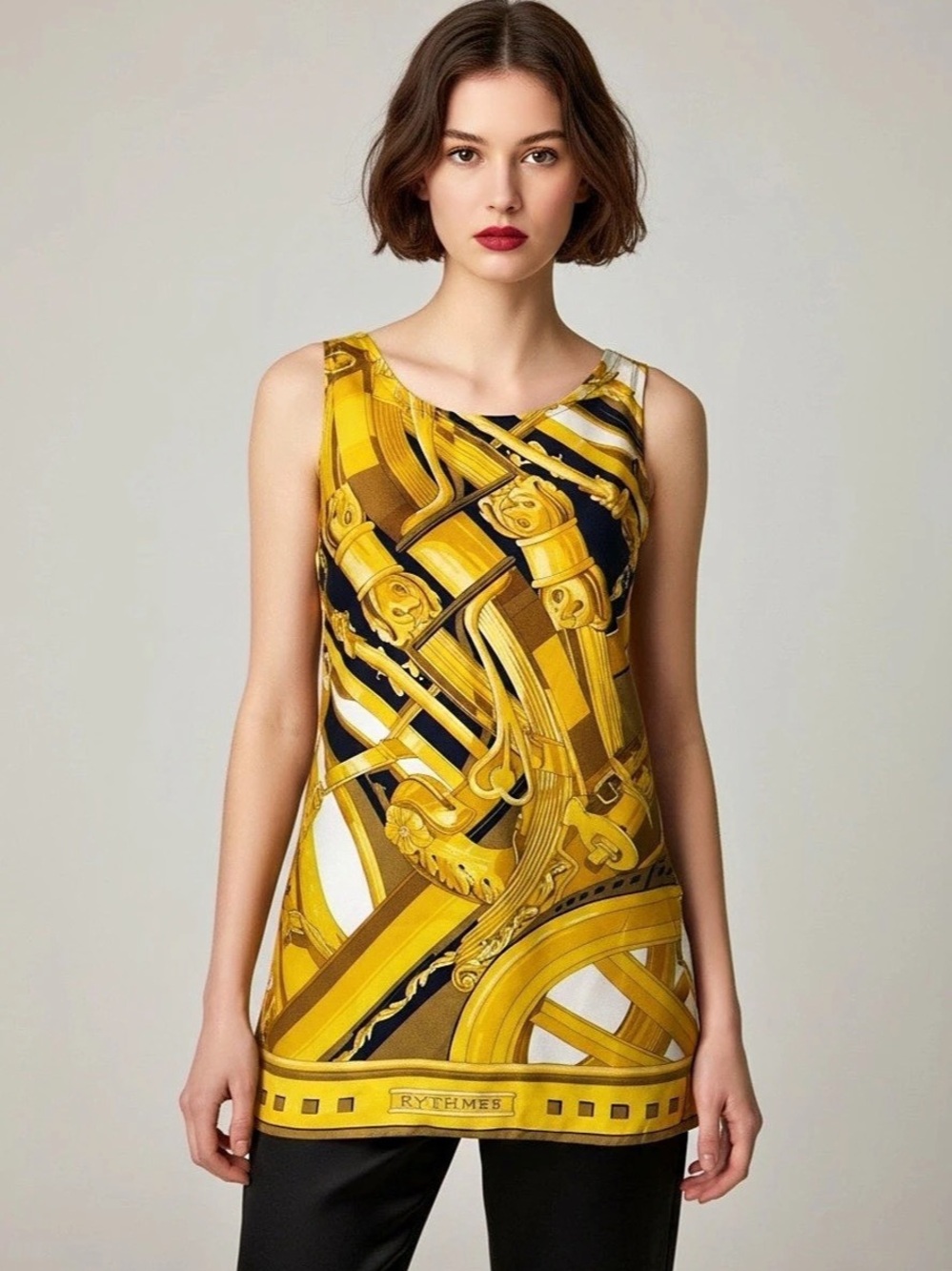 Hermès Rythmes Tank Top Geometric Tunic Dress in Yellow & Black Medium Like New